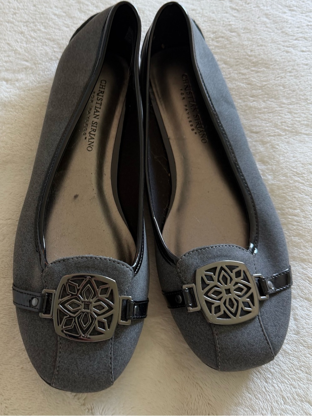 Christian Siriano Charcoal Gray Ballet Flats with Decorative Medallion
